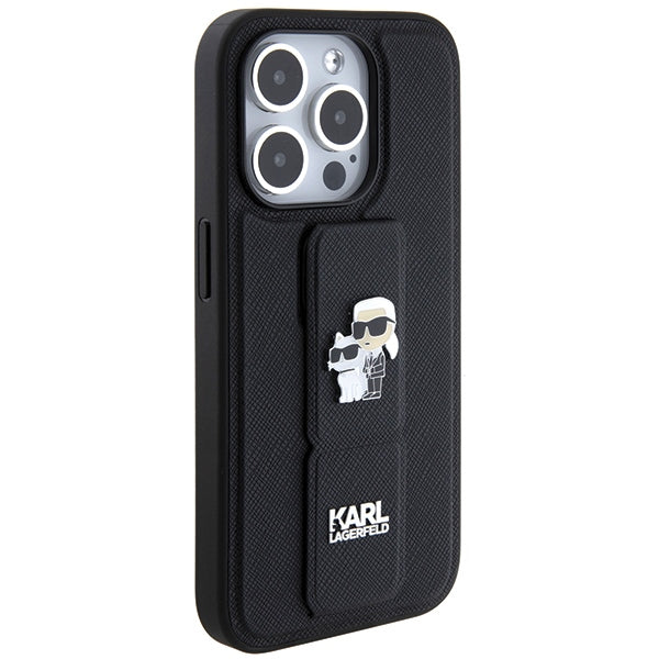 Karl Lagerfeld Gripstand Saffiano Karl&amp;Choupette Pins case for iPhone 14 Pro - black