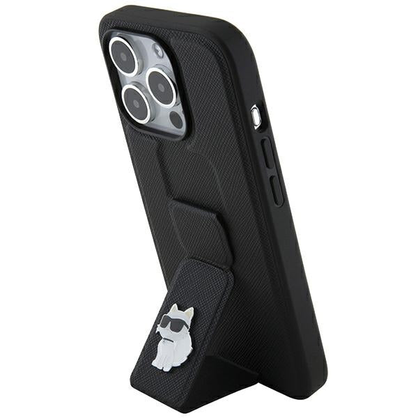 Karl Lagerfeld Gripstand Saffiano Choupette Pins case for iPhone 14 Pro Max - black