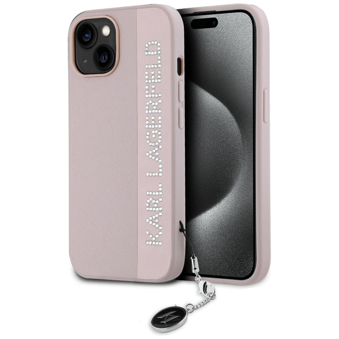 Karl Lagerfeld Saffiano Rhinestones &amp; Charm case for iPhone 15 / 14 / 13 - pink