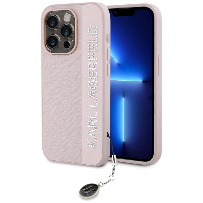 Karl Lagerfeld Saffiano Rhinestones &amp; Charm case for iPhone 15 Pro Max - pink