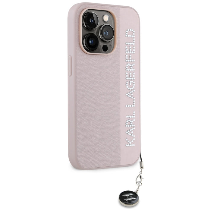 Karl Lagerfeld Saffiano Rhinestones &amp; Charm case for iPhone 15 Pro Max - pink
