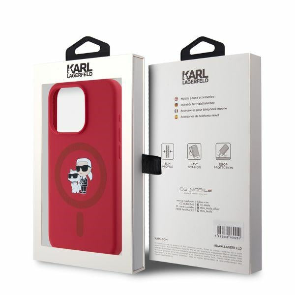 Karl Lagerfeld Silicone Karl&amp;Choupette Heads Ring MagSafe Case for iPhone 15 Pro - Red