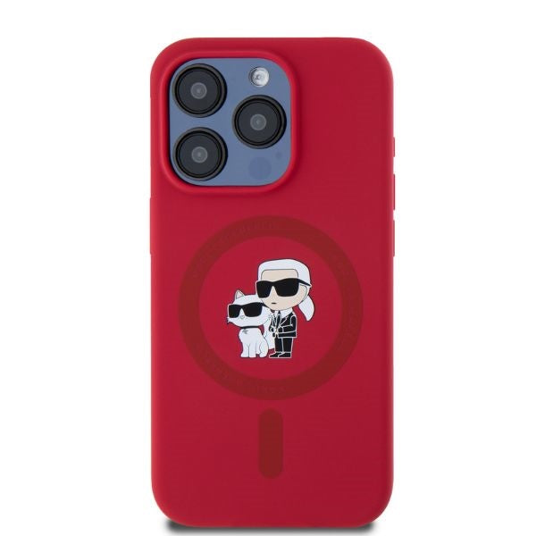Karl Lagerfeld Silicone Karl&amp;Choupette Heads Ring MagSafe Case for iPhone 15 Pro - Red