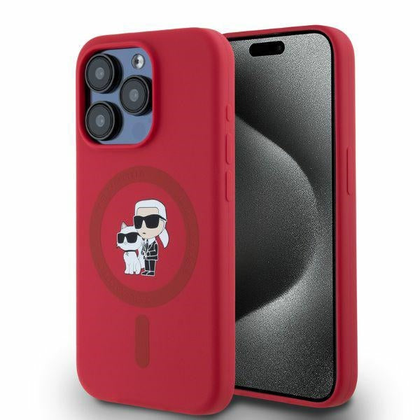 Karl Lagerfeld Silicone Karl&amp;Choupette Heads Ring MagSafe Case for iPhone 15 Pro - Red