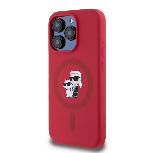 Karl Lagerfeld Silicone Karl&amp;Choupette Heads Ring MagSafe Case for iPhone 15 Pro - Red
