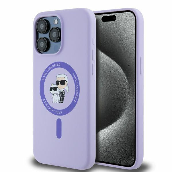 Karl Lagerfeld Silicone Karl&amp;Choupette Heads Ring MagSafe Case for iPhone 15 Pro Max - Purple