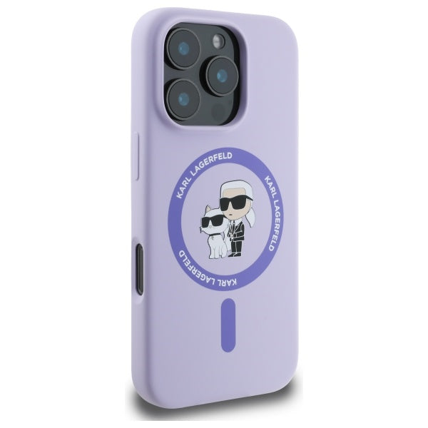 Karl Lagerfeld Silicone Karl&amp;Choupette Heads Ring MagSafe Case for iPhone 16 Pro - Purple