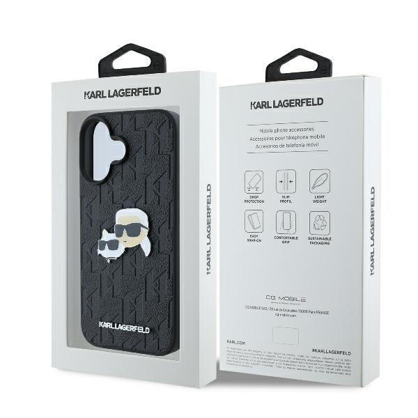 Karl Lagerfeld Monogram Karl &amp; Choupette Head Pin iPhone 16 Case - Black