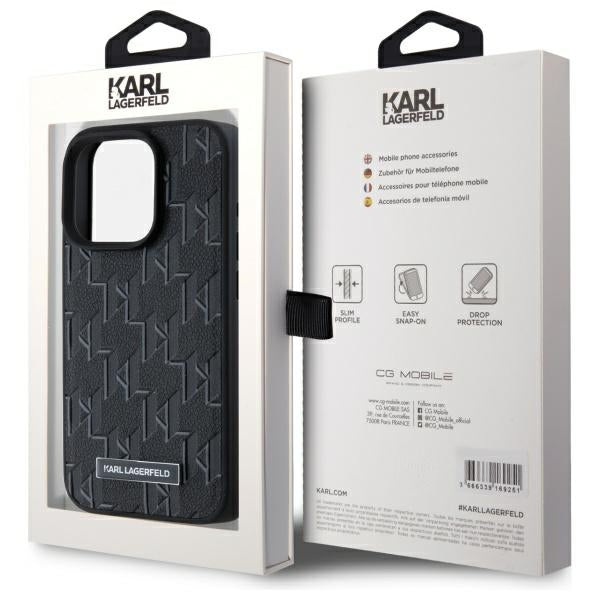 Karl Lagerfeld Leather Monogram Metal Logo MagSafe iPhone 15 Pro Case - Black