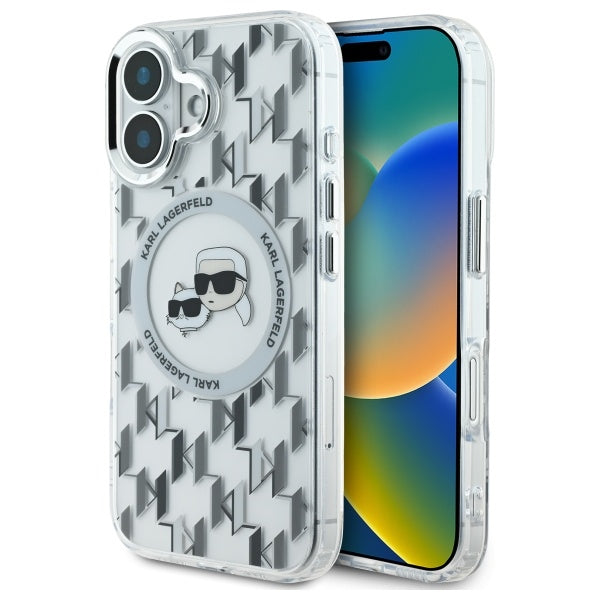 Karl Lagerfeld IML Monogram Karl &amp; Choupette Head MagSafe iPhone 16 Case - Clear