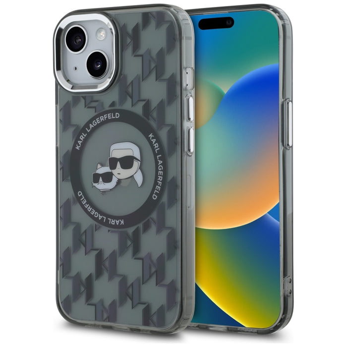 Karl Lagerfeld IML Monogram Karl &amp; Choupette Head MagSafe iPhone 15 Plus Case - Black