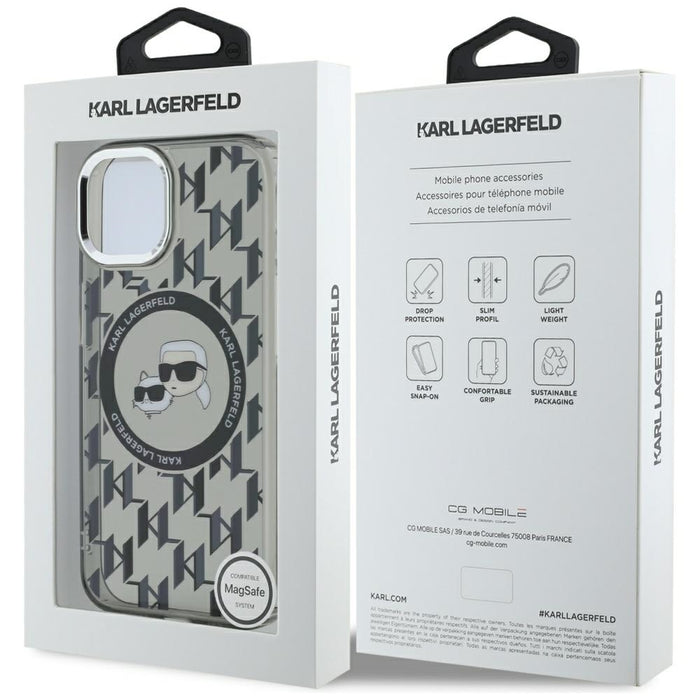 Karl Lagerfeld IML Monogram Karl &amp; Choupette Head MagSafe iPhone 15 Case - Black