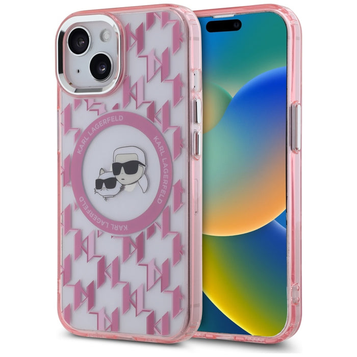 Karl Lagerfeld IML Monogram Karl &amp; Choupette Head MagSafe iPhone 15 Case - Pink