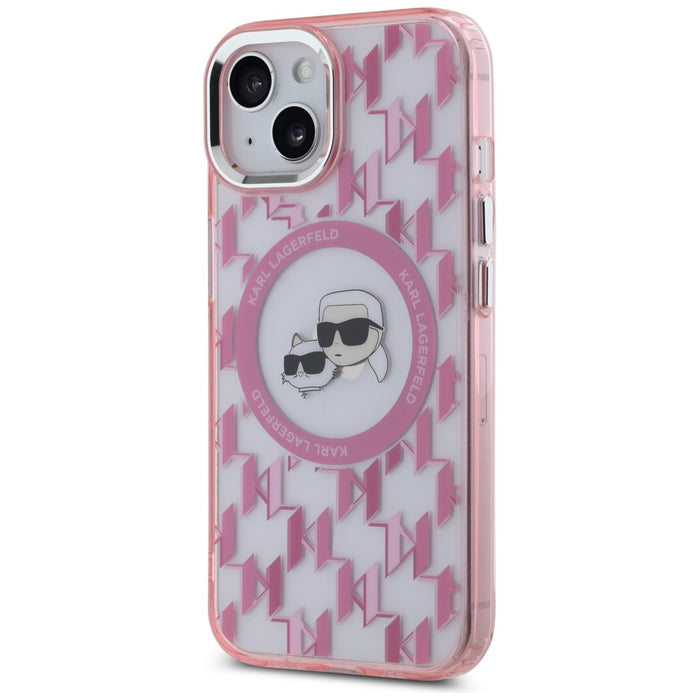 Karl Lagerfeld IML Monogram Karl &amp; Choupette Head MagSafe iPhone 15 Case - Pink