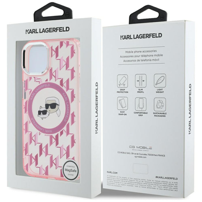Karl Lagerfeld IML Monogram Karl &amp; Choupette Head MagSafe iPhone 15 Case - Pink