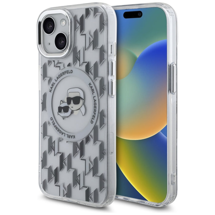Karl Lagerfeld IML Monogram Karl &amp; Choupette Head MagSafe iPhone 15 Case - Clear