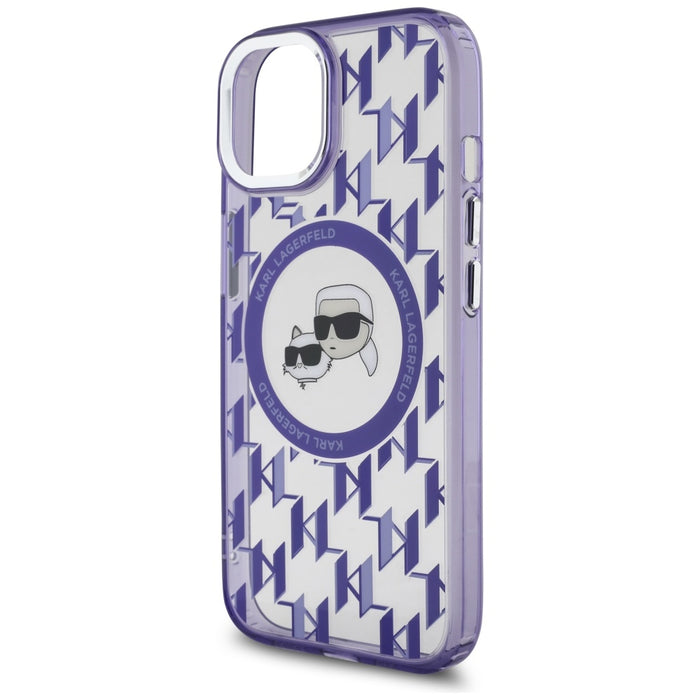 Karl Lagerfeld IML Monogram Karl &amp; Choupette Head MagSafe iPhone 15 Case - Purple
