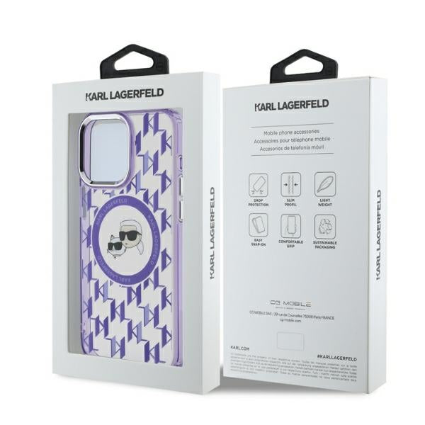 Karl Lagerfeld IML Monogram Karl &amp; Choupette Head MagSafe Case for iPhone 15 Pro Max - Purple
