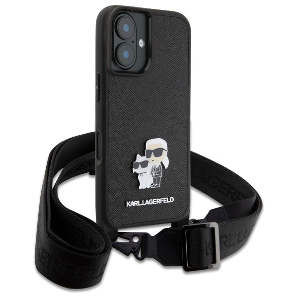 Karl Lagerfeld Saffiano Karl&Choupette Metal Pin CBDY Strap iPhone 16 Case - Black