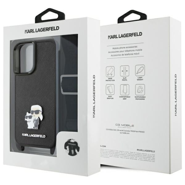 Karl Lagerfeld Saffiano Karl&Choupette Metal Pin CBDY Strap iPhone 16 Case - Black