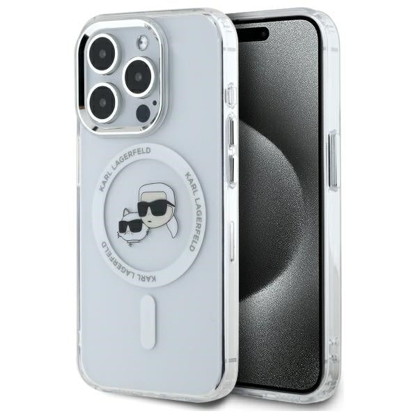 Karl Lagerfeld IML Metal Karl&amp;Choupette Head MagSafe iPhone 15 Pro Case - White