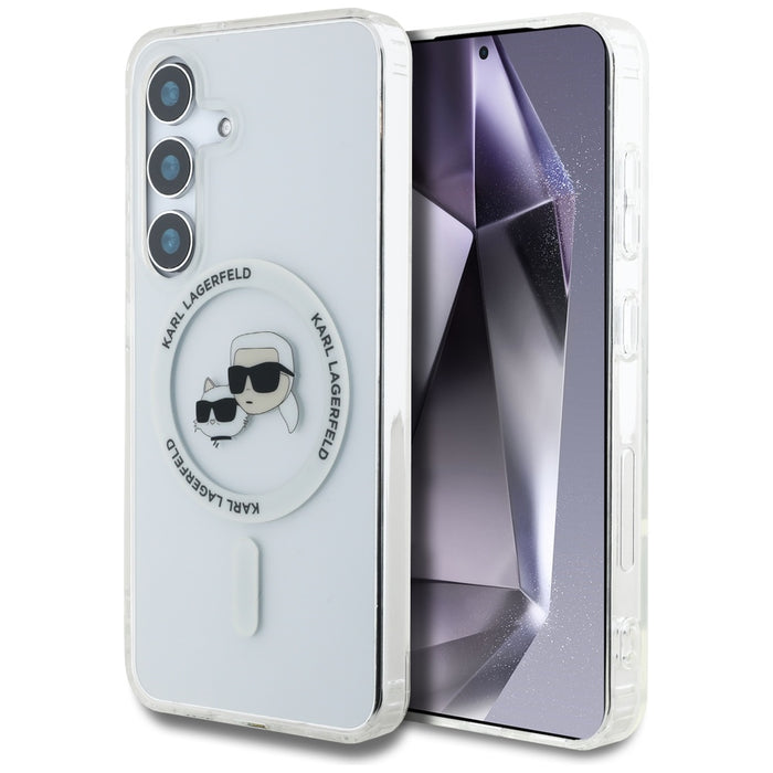 Case Karl Lagerfeld Button Karl &amp; Choupette Heads Printed Logo MagSafe Samsung Galaxy S25 white