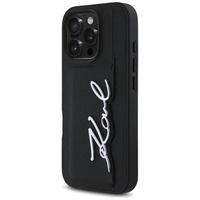 Karl Lagerfeld HC Grained PU Cardslot Metal Signature iPhone 16 Pro Case - Black