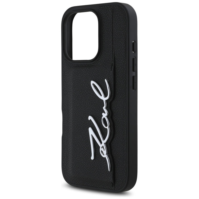 Karl Lagerfeld HC Grained PU Cardslot Metal Signature iPhone 16 Pro Case - Black