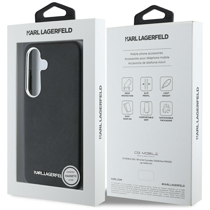 Karl Lagerfeld Saffiano Full Wrapped Elongated Metal Logo MagSafe Case for Samsung Galaxy S25 - Black