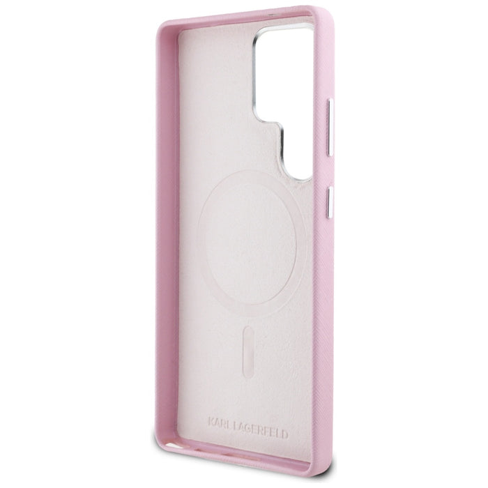 Karl Lagerfeld Saffiano Full Wrapped Elongated Metal Logo MagSafe Case for Samsung Galaxy S25 Ultra - Pink