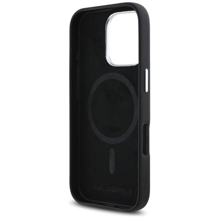 Karl Lagerfeld Saffiano Full Wrapped Elongated Metal Logo MagSafe iPhone 16 Pro Case - Black