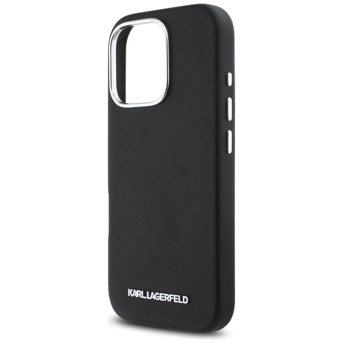 Karl Lagerfeld Saffiano Full Wrapped Elongated Metal Logo MagSafe iPhone 16 Pro Case - Black