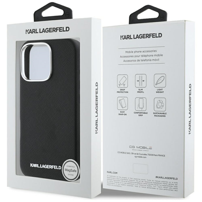 Karl Lagerfeld Saffiano Full Wrapped Elongated Metal Logo MagSafe iPhone 16 Pro Case - Black