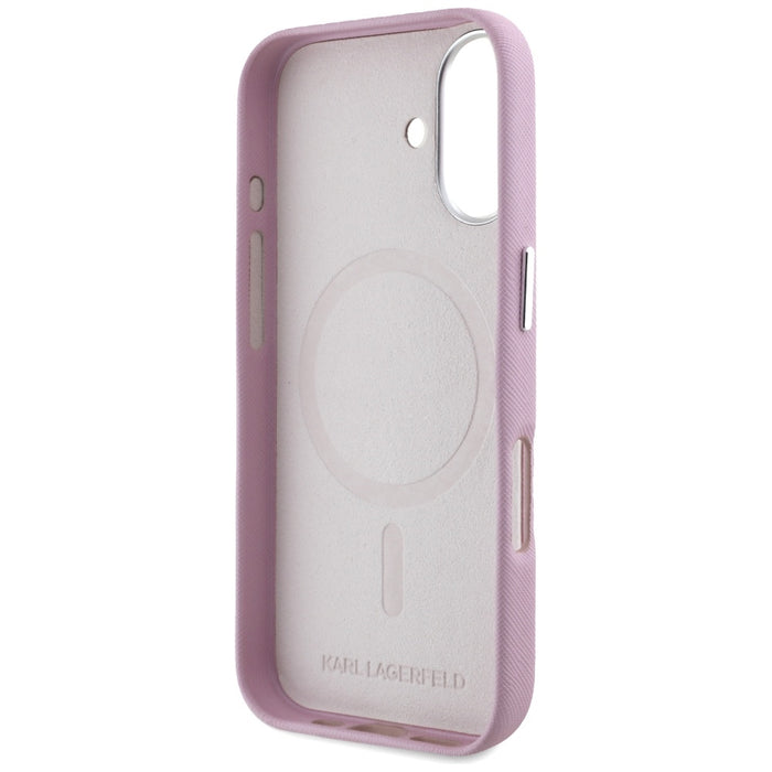 Karl Lagerfeld Saffiano Full Wrapped Elongated Metal Logo MagSafe iPhone 16 Case - Pink