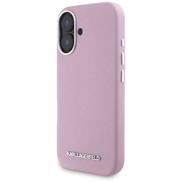 Karl Lagerfeld Saffiano Full Wrapped Elongated Metal Logo MagSafe iPhone 16 Case - Pink