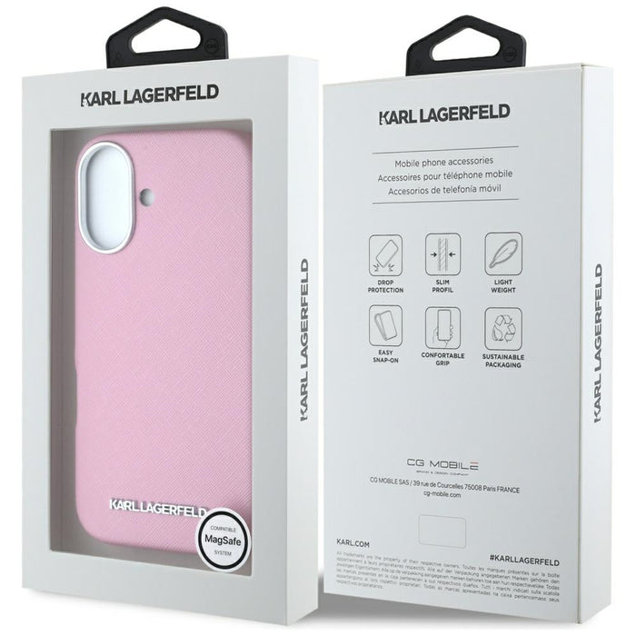 Karl Lagerfeld Saffiano Full Wrapped Elongated Metal Logo MagSafe iPhone 16 Case - Pink