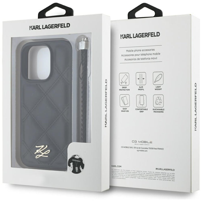 Karl Lagerfeld Quilted Initial Logo &amp; Chain Strap iPhone 16 Pro Case - Black