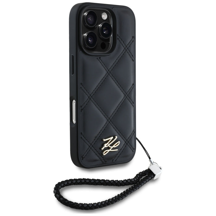 Karl Lagerfeld Quilted Initial Logo &amp; Chain Strap iPhone 16 Pro Case - Black