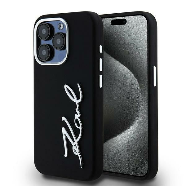 Karl Lagerfeld Silicone Metal Script Logo iPhone 15 Pro Max Case - Black