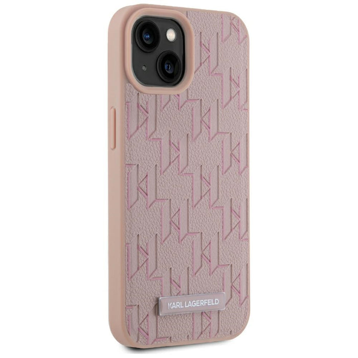 Karl Lagerfeld Leather Monogram Metal Logo MagSafe iPhone 15 Case - Pink