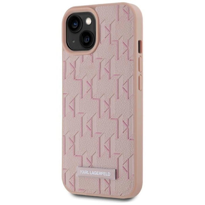Karl Lagerfeld Leather Monogram Metal Logo MagSafe iPhone 15 Case - Pink