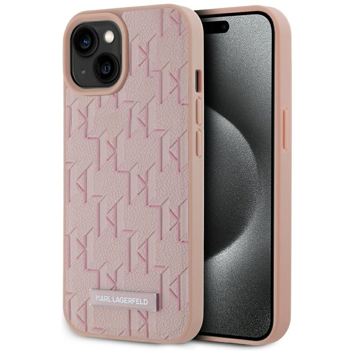 Karl Lagerfeld Leather Monogram Metal Logo MagSafe iPhone 15 Case - Pink