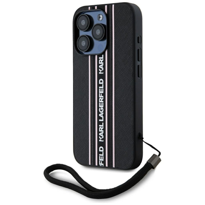 Karl Lagerfeld Saffiano Athleisure Stripes Cord iPhone 15 Pro Case - Pink
