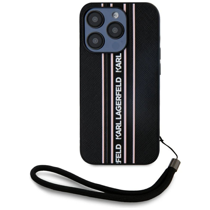 Karl Lagerfeld Saffiano Athleisure Stripes Cord iPhone 15 Pro Case - Pink