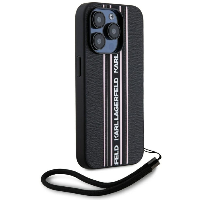 Karl Lagerfeld Saffiano Athleisure Stripes Cord iPhone 15 Pro Case - Pink