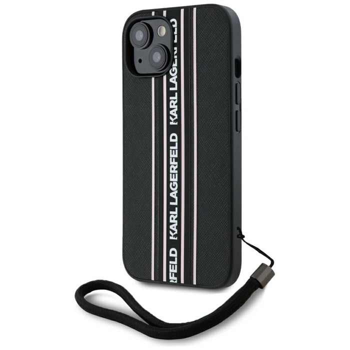 Karl Lagerfeld Saffiano Athleisure Stripes Cord iPhone 15 Case - Pink
