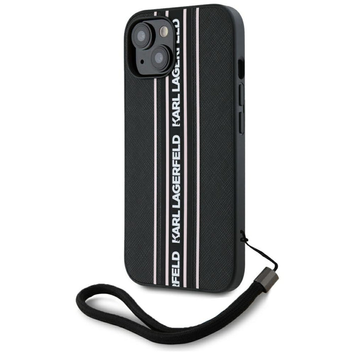 Karl Lagerfeld Saffiano Athleisure Stripes Cord iPhone 15 Case - Pink