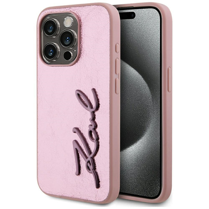 Karl Lagerfeld Wrinkled Metal Signature iPhone 15 Pro Max Case - Pink