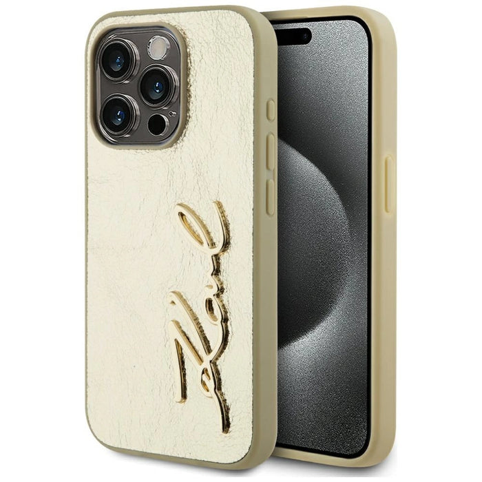 Karl Lagerfeld Wrinkled Metal Signature iPhone 15 Pro Max Case - Gold