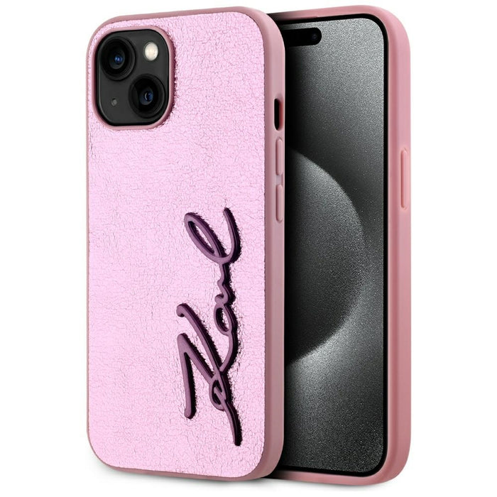 Karl Lagerfeld Wrinkled Metal Signature iPhone 15 Case - Pink